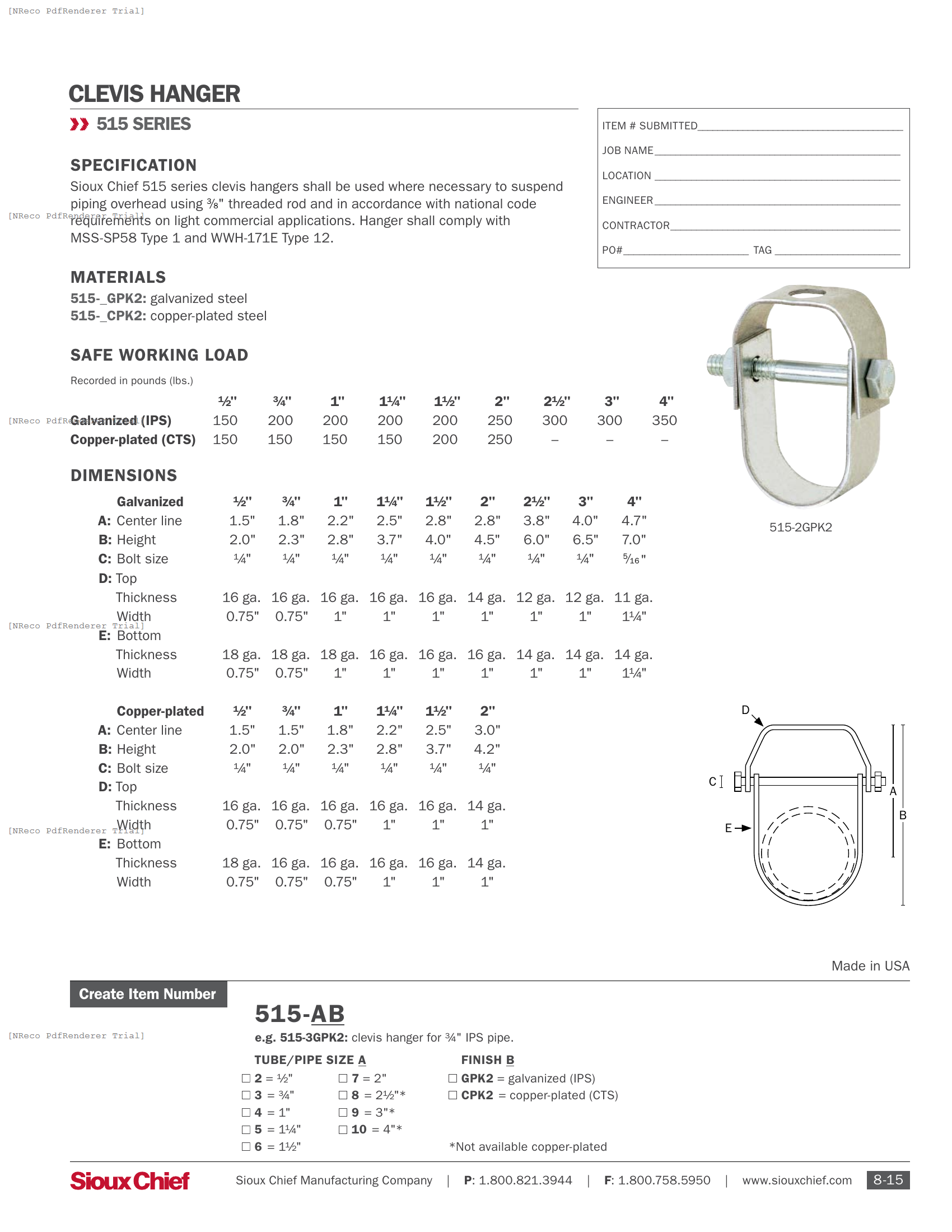 515  SERIES - CLEVIS HANGER - SPEC SHEET.PDF Specification Document